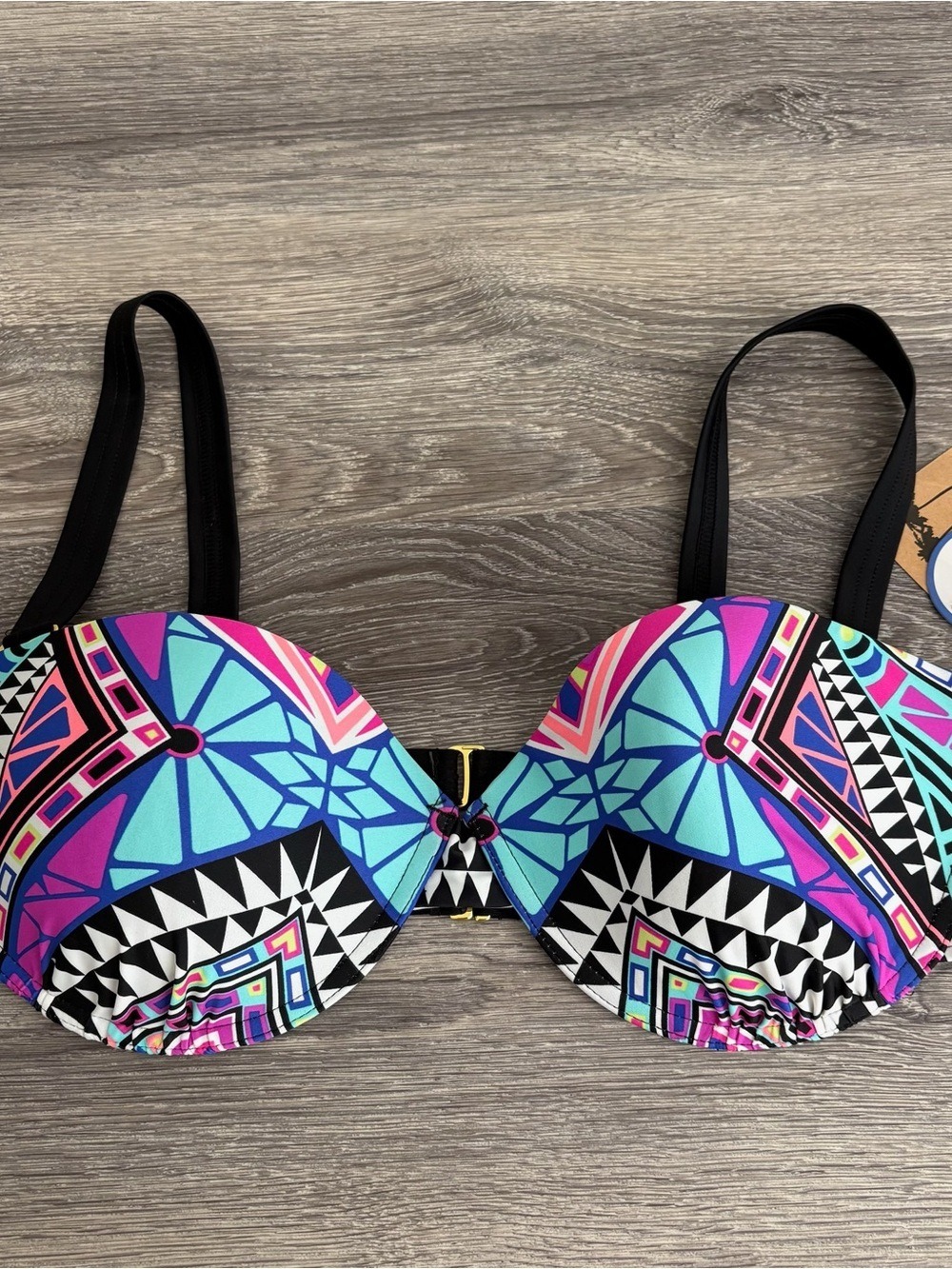 Swimsuits For All Black Bikini Top with Blue & Pink Accents